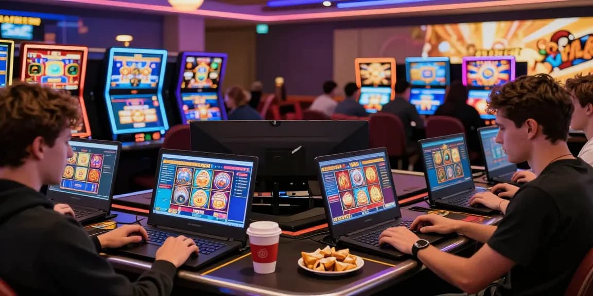 Players exploring new uk casino sites on laptops and mobile devices in a vibrant gaming atmosphere.
