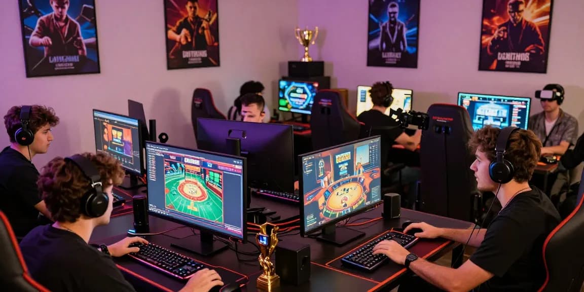 Players engaged at computers strategizing in casinos that accept credit card, lively gaming room.