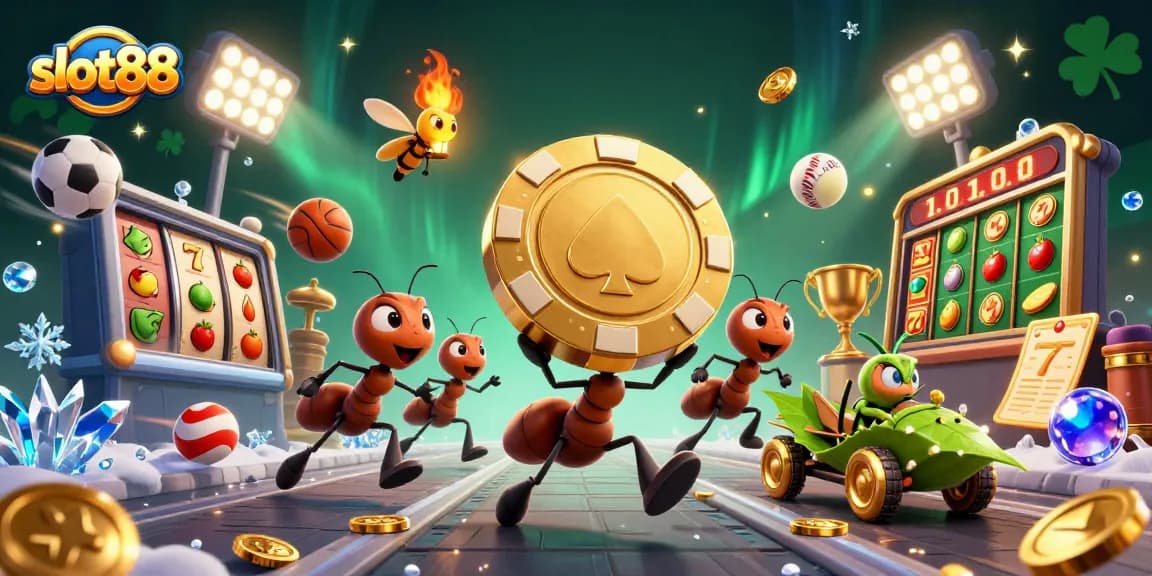 Slot88 menghadirkan ilustrasi 3D kartun tim semut beraksi dalam kasino, penuh elemen permainan menarik.