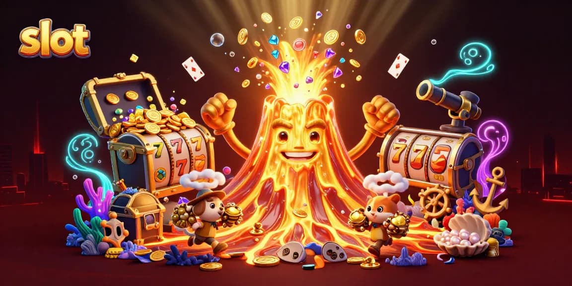 Spin the slot reels with gold coins from a triumphant volcano erupting treasures.