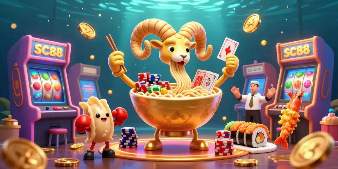 Experience thrilling casino action with SC88's vibrant ramen bowl character and stunning game elements.