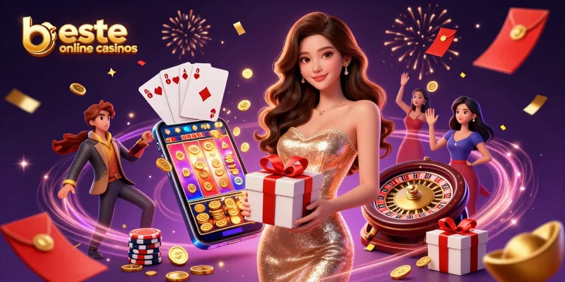 Experience the joy of beste online casinos with this vibrant, festive casino scene featuring a glamorous woman and exciting gaming elements.
