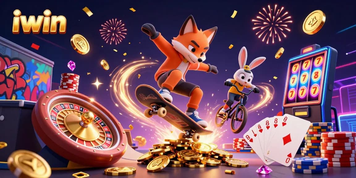 Experience thrilling iwin gameplay with our vibrant and dynamic casino-themed illustration featuring a skateboarder fox and BMX rabbit.