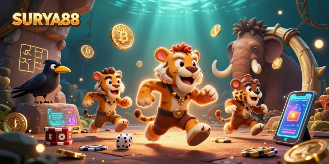 SURYA88 showcases a vibrant prehistoric casino scene with caveman duo, cryptocurrency elements, and lively game activity.