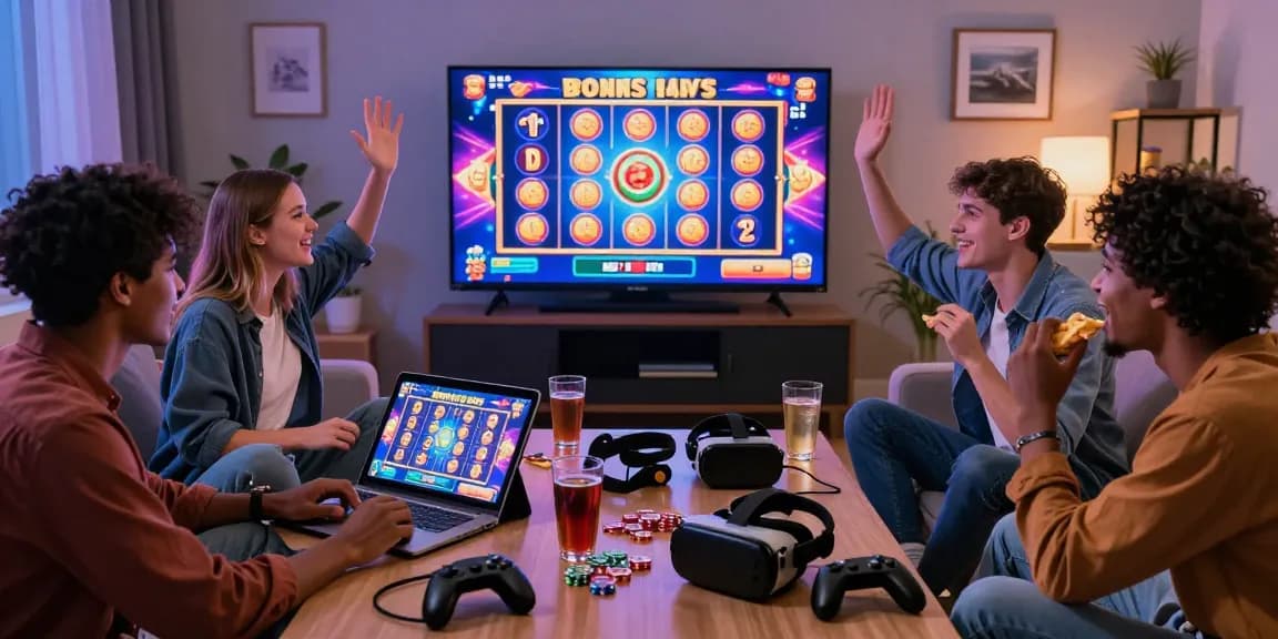 Players enjoying bonus buy slots in a lively living room with snacks and gaming tech.