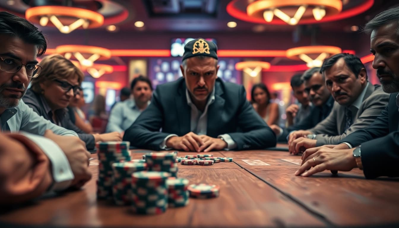 situs toto memperlihatkan pemain poker di meja dengan cahaya dramatis dan suasana kasino yang hidup.