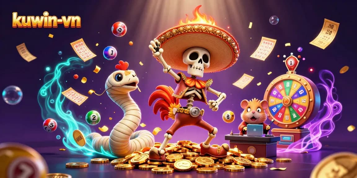 Watch kuwin-vn's vibrant fiesta as a mariachi rooster celebrates amidst golden winnings and colorful lottery elements.