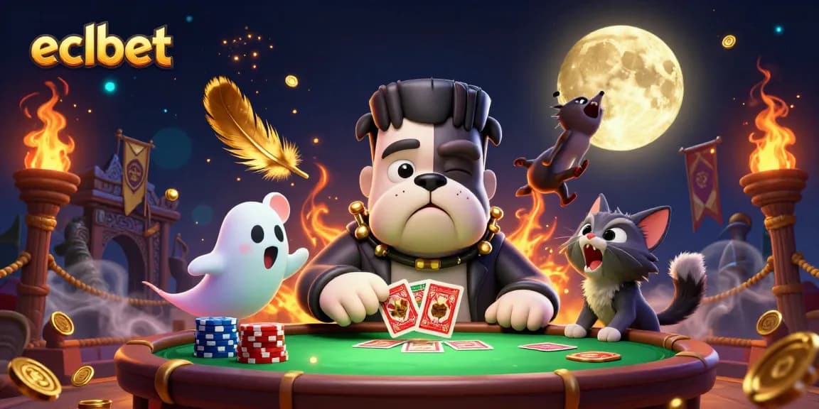 ECLBet online gaming hub scene featuring a dynamic dog dealer and spooky elements, captivating players.