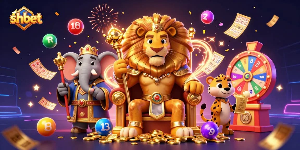Join the fun at shbet as a regal lion king presides over a vibrant casino scene filled with exciting game elements.