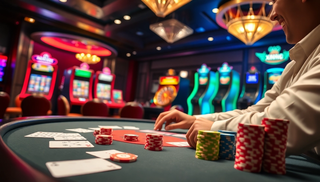 Casino game scene featuring xn88 platform elements with poker chips and illuminated slot machines.