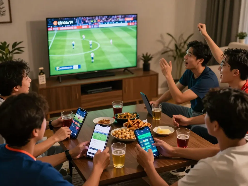 Fans enjoying a live match on Cà Khịa TV, surrounded by snacks and betting apps, capturing excitement.