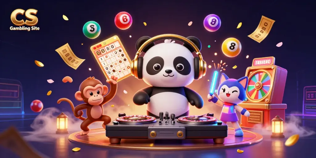 Experience the vibrant energy of CS Gambling Site with a DJ panda and dancing characters amidst colorful gaming elements.