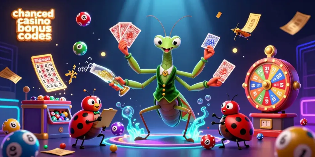 Enjoy chanced casino bonus codes while a mantis card sharp and ladybug pit boss handle game elements in a lively casino scene.