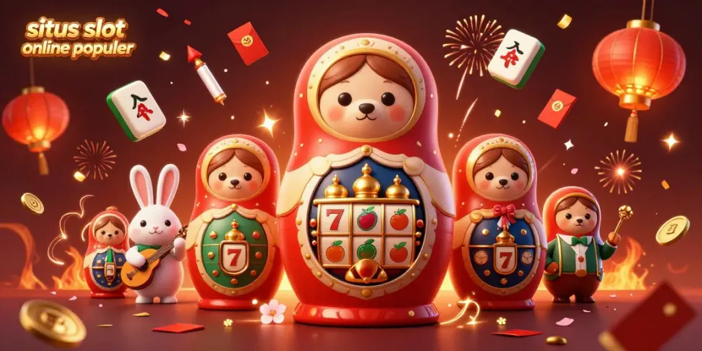 Menggambarkan situs slot online populer dengan 3D Matryoshka beruang dan elemen kasino, termasuk simbol buah dan jackpot.