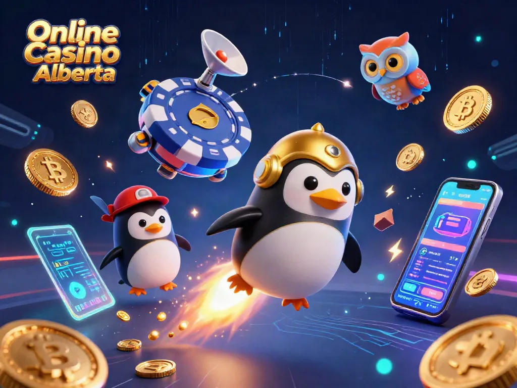 Engage with thrilling games at Online Casino Alberta featuring a golden penguin and crypto elements.