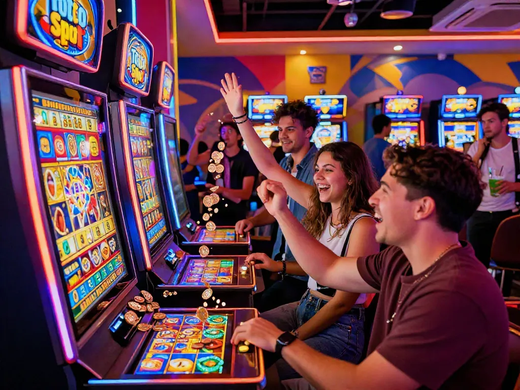 Aktivitas bermain di mesin toto slot yang meriah dengan tembakan ceria, teman-teman merayakan kemenangan di kasino.