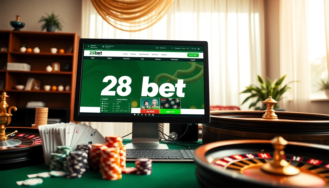 Engaging scene showcasing 28bet.bz online betting platform with vibrant casino elements.