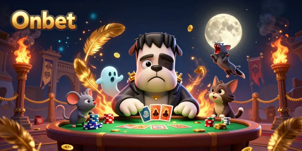 Experience thrilling games at Onbet with a cartoon bulldog dealer amidst rich casino elements.