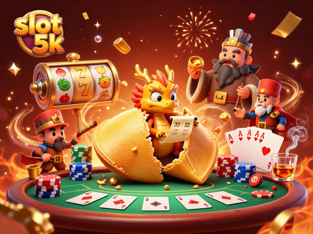 Experience the thrill of slot 5k gaming with a golden fortune cookie scene filled with casino excitement.