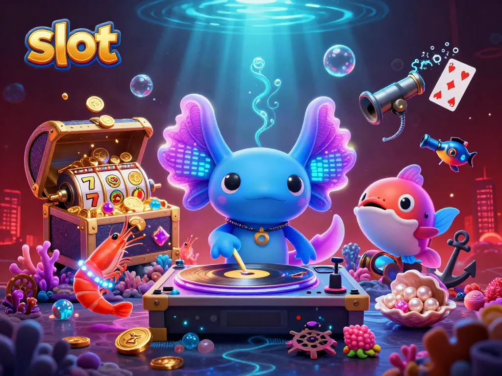 Slot dengan gambar aksolotl DJ neon berwarna 3D dikelilingi harta karun dan simbol permainan.