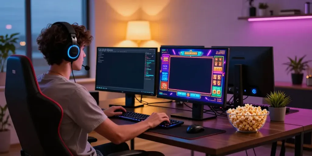 A person engaging in online gambling through akunjp, surrounded by gaming gear and snacks in a cozy home office.
