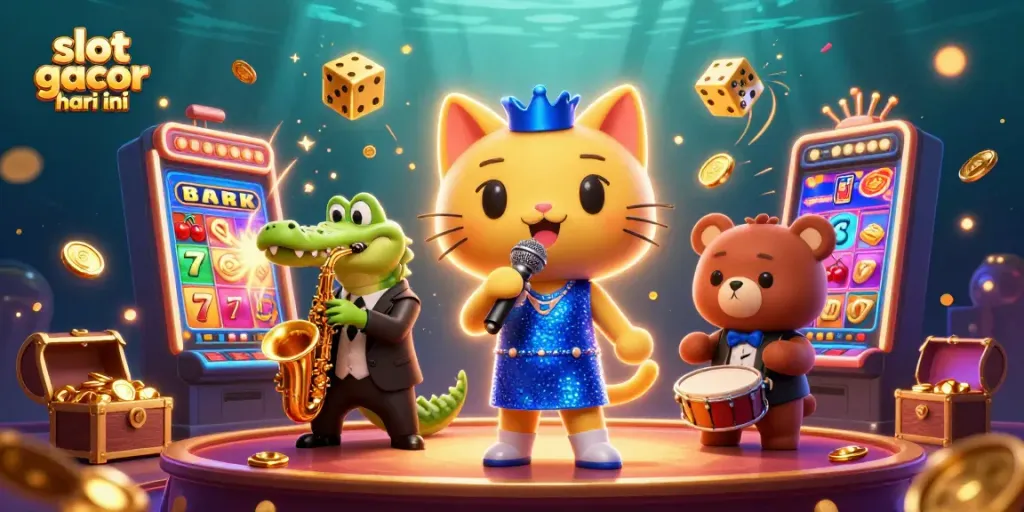 Menangkan slot gacor hari ini dengan ilustrasi penuh warna yang menampilkan karakter lucu dan mesin slot.