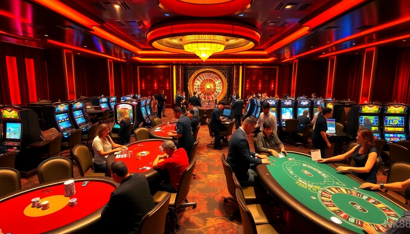 NK88 players enjoying engaging table games and slots in a luxurious casino setting.