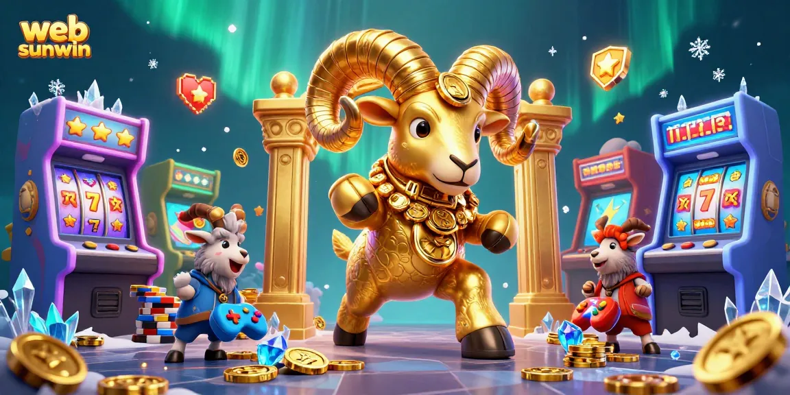 Join the action at web sunwin with a vibrant, dynamic casino-themed illustration featuring golden ram and exciting game elements.