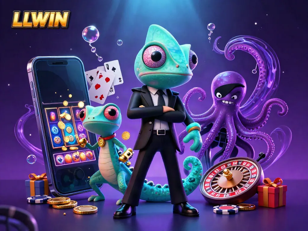 LLWIN showcases a vibrant scene with a secret agent chameleon and a tech-gecko amidst colorful slot games and shimmering coins.