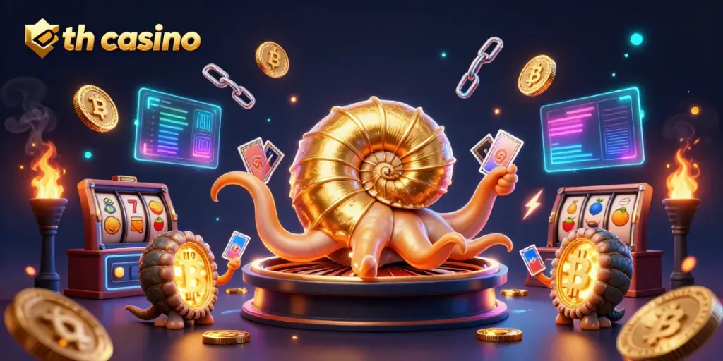 Engaging gameplay at an eth casino spotlighting a giant nautilus roulette wheel with vibrant cryptocurrencies.