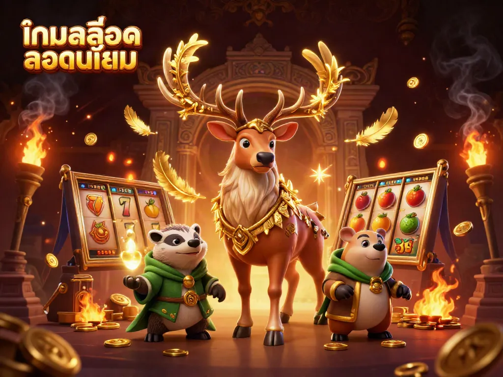 Engaging scene depictingเกมสล็อตยอดนิยม with a Celtic druid stag and badger, slot machines, and gold fragments.
