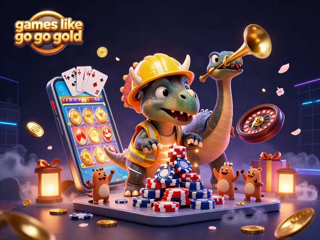 Play exciting games like Go Go Gold while enjoying a vibrant casino scene with animated characters celebrating big wins.