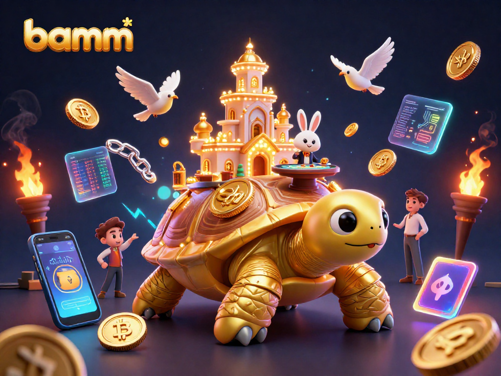 Win big at bamm with golden coins, a tortoise casino, and vibrant crypto elements.