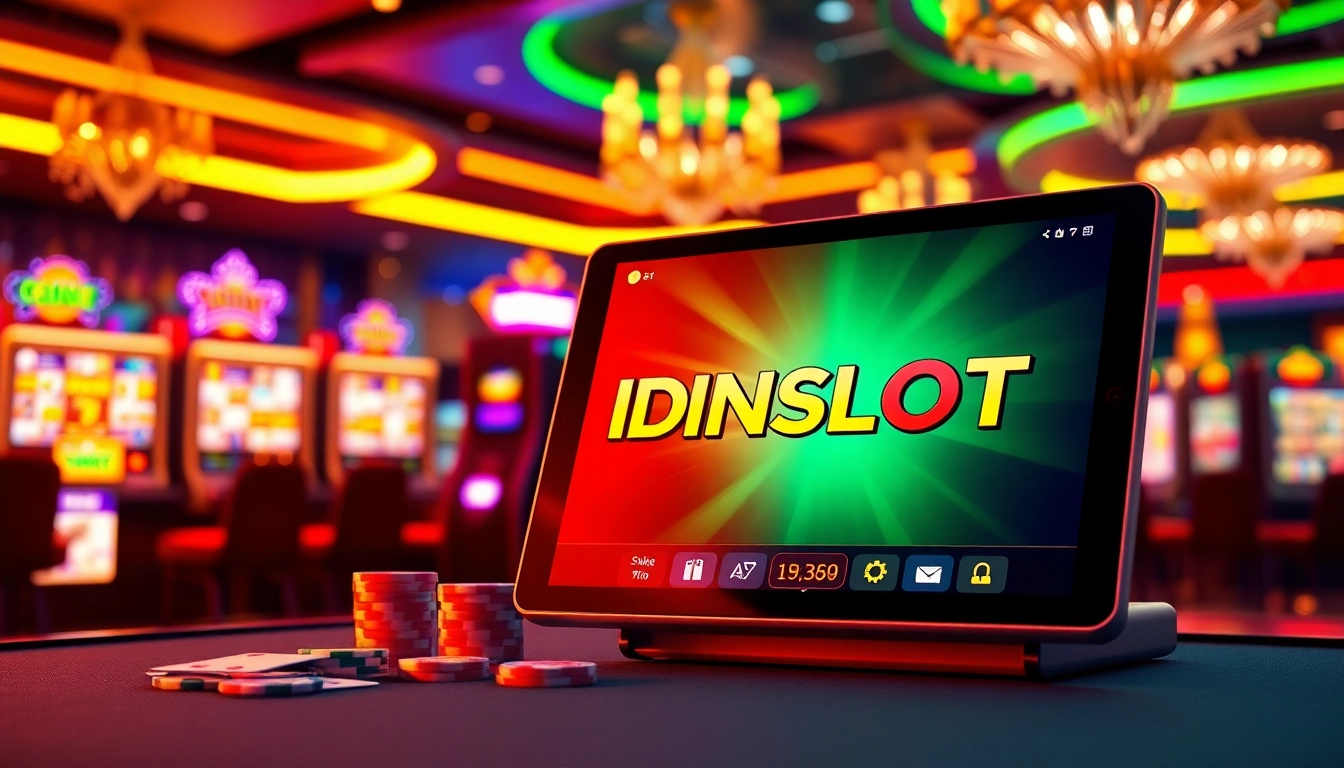 Engaging IDNSLOT online gaming experience showcasing vibrant slot machines and casino elements.