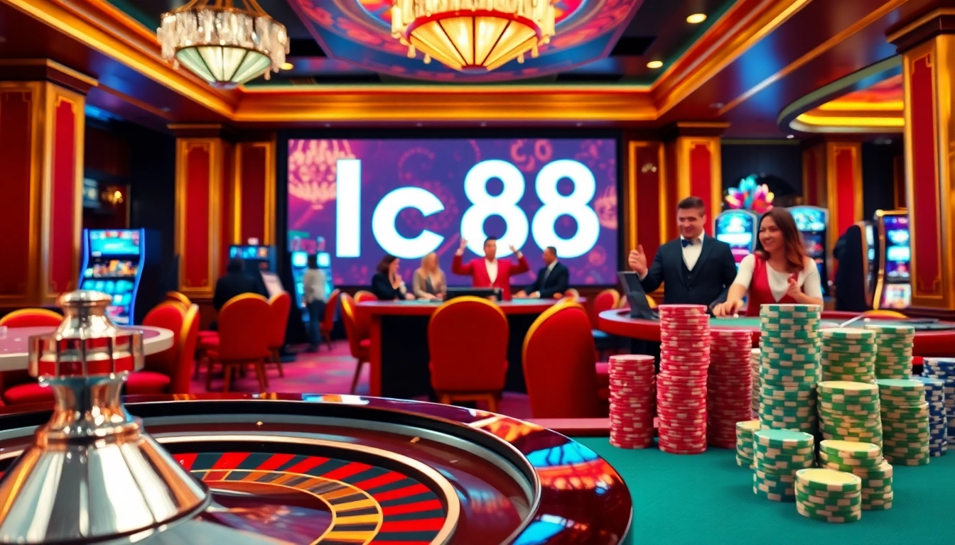 Players engaging in thrilling games at lc88 casino with vibrant roulette and poker tables.
