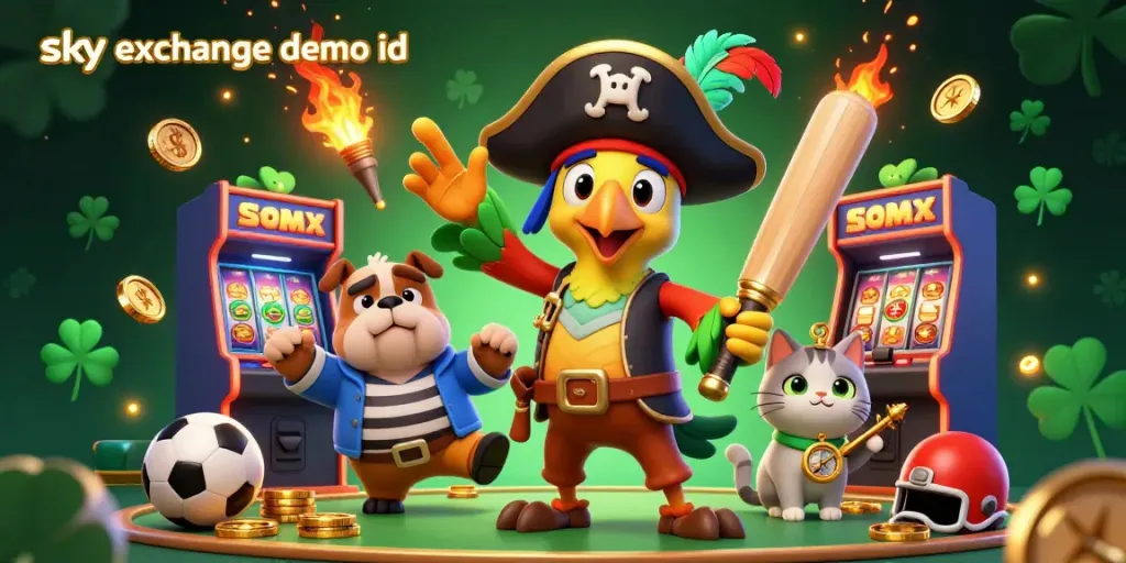 Engaging scene depicting the sky exchange demo id with a lively arcade and vibrant sports betting elements surrounded by vivid characters.