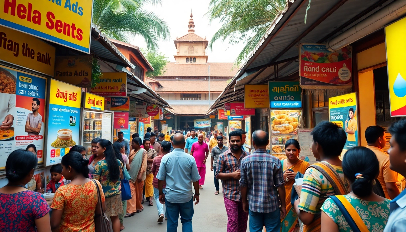 Hela Ads vibrant marketplace in Sri Lanka showcasing local vendors and colorful advertisements