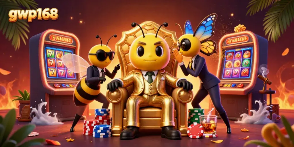 Gambaran 3D bumblebee mob boss di kasino gwp168, dikelilingi permainan slot bertema