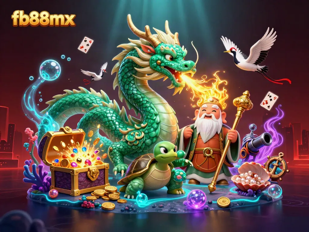 Experience thrilling gameplay with fb88mx featuring a jade dragon and wise turtle in a colorful casino scene.