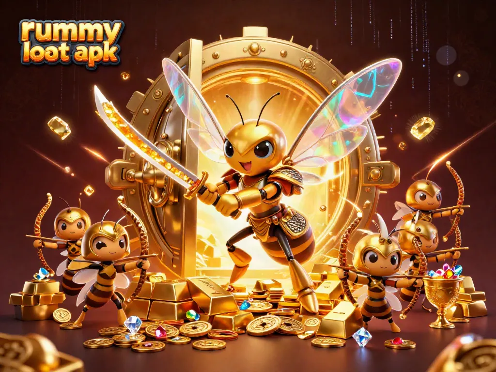 Win big with rummy loot apk as a golden hornet samurai leads a vibrant treasure-filled scene.