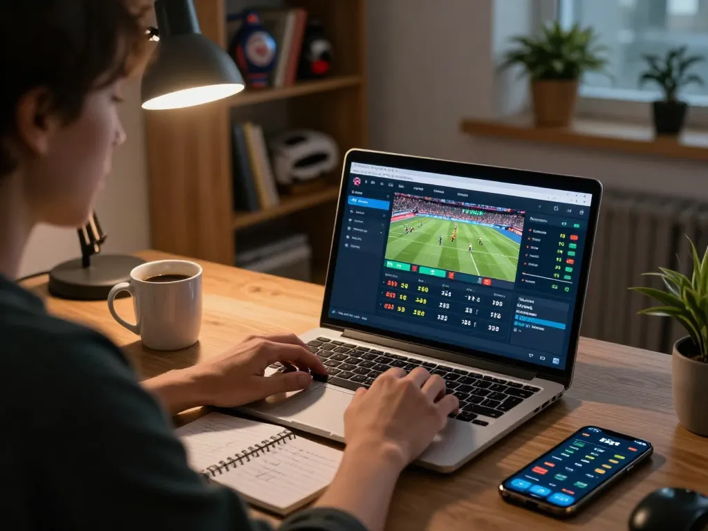 Engaging in online sports betting with keo nha cai odds displayed on a laptop, showcasing strategic gameplay.