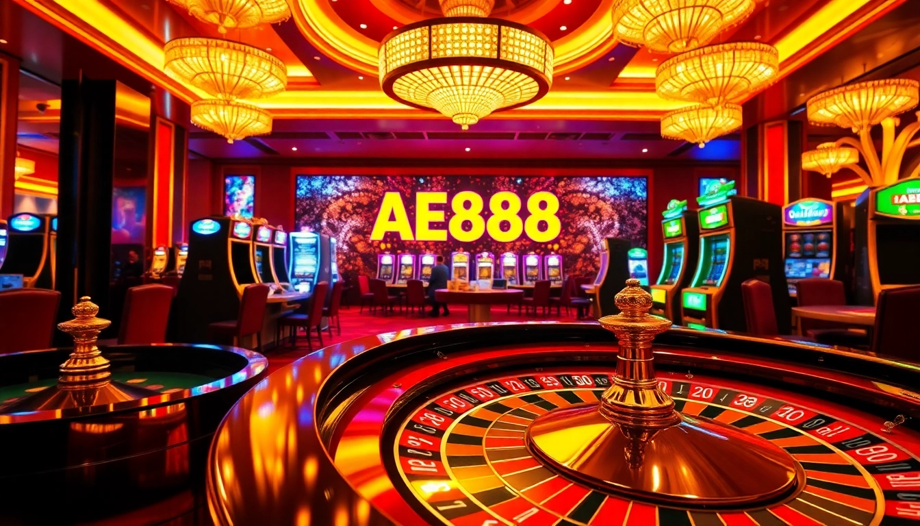 Experience thrilling AE888 gaming with roulette wheels and poker chips in an exciting casino atmosphere.