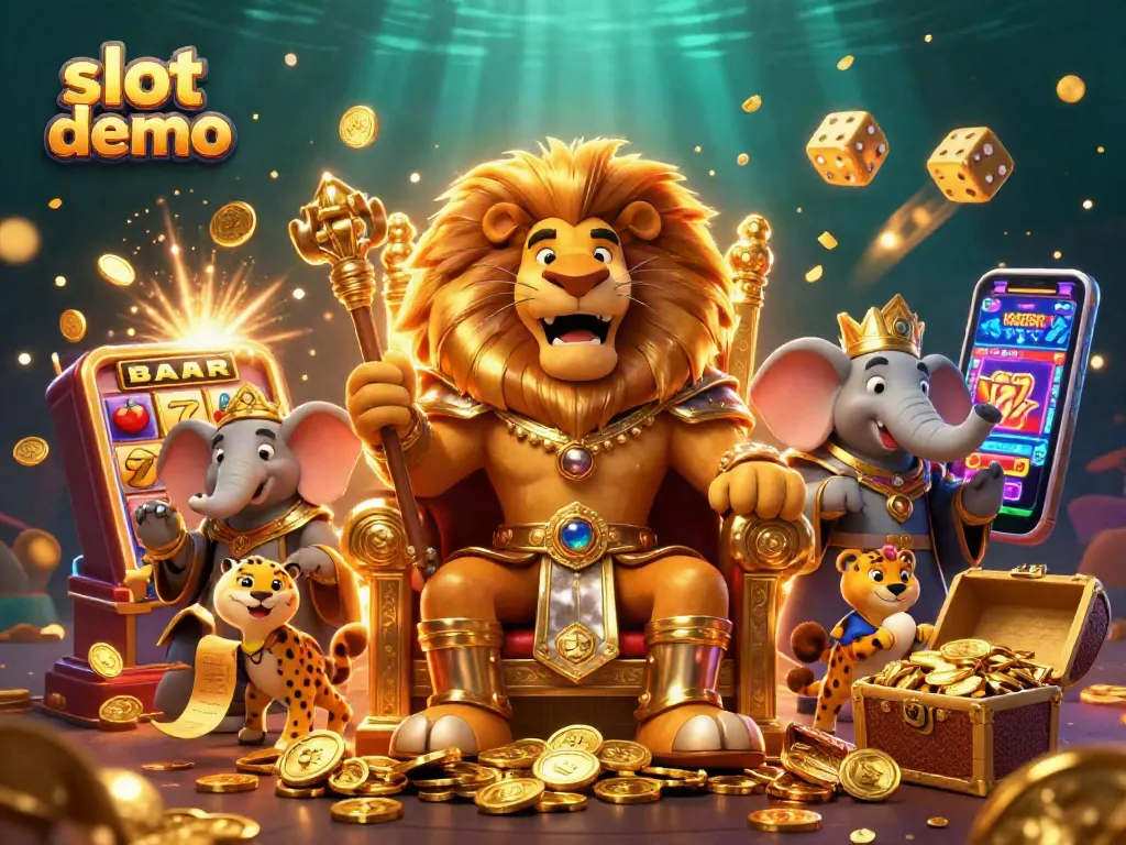 Slot demo menunjukkan raja singa 3D dengan mesin slot 3D meledak, dikelilingi koin dan simbol keberuntungan lainnya.