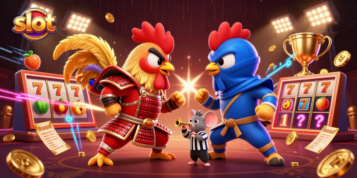 Spin the slot reels in an exciting showdown featuring samurai and ninja roosters in a lavish casino setting