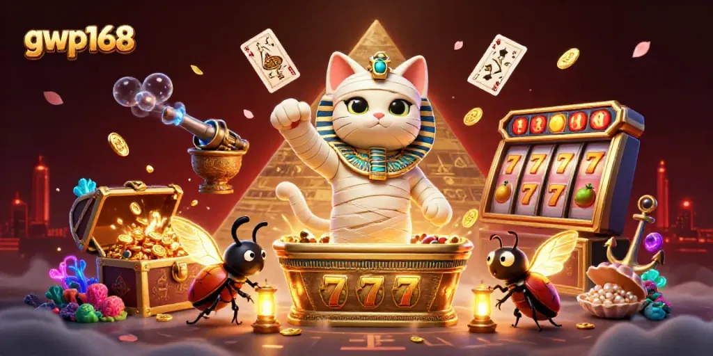 Gali kemenangan dalam slot online gwp168 dengan ilustrasi kucing mumi dan permainan yang menawan.
