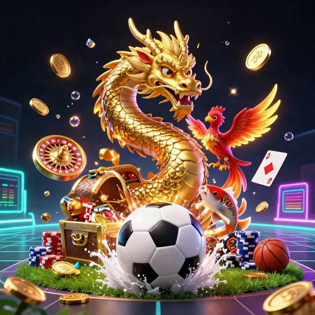 Golden dragon, phoenix and koi amid a soccer-ball blast, coins, chips, roulette and neon glow.