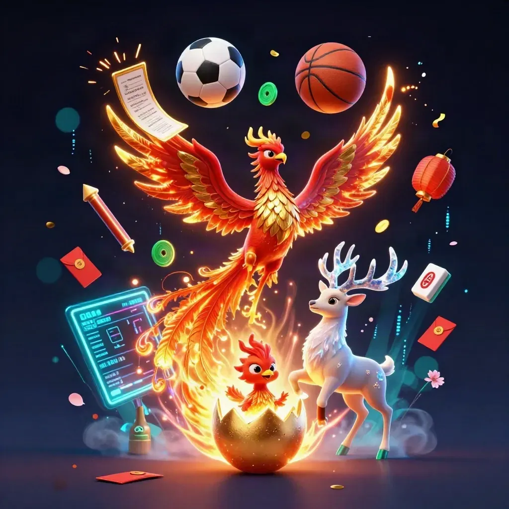 Phoenix, stag, egg and casino symbols burst in neon over a dark navy glow.
