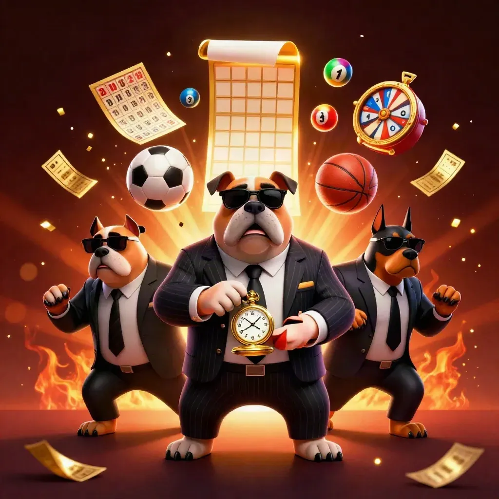 Bulldog boss and Dobermans amid casino lights, lottery balls, wheel, tickets, ball, and spray.