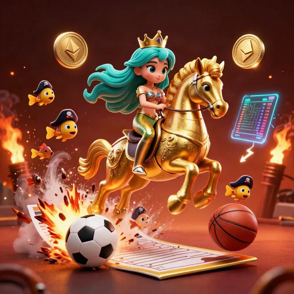 Mermaid princess on golden seahorse with pirate fish, coins, lightning, and sports balls in cinematic glow.
