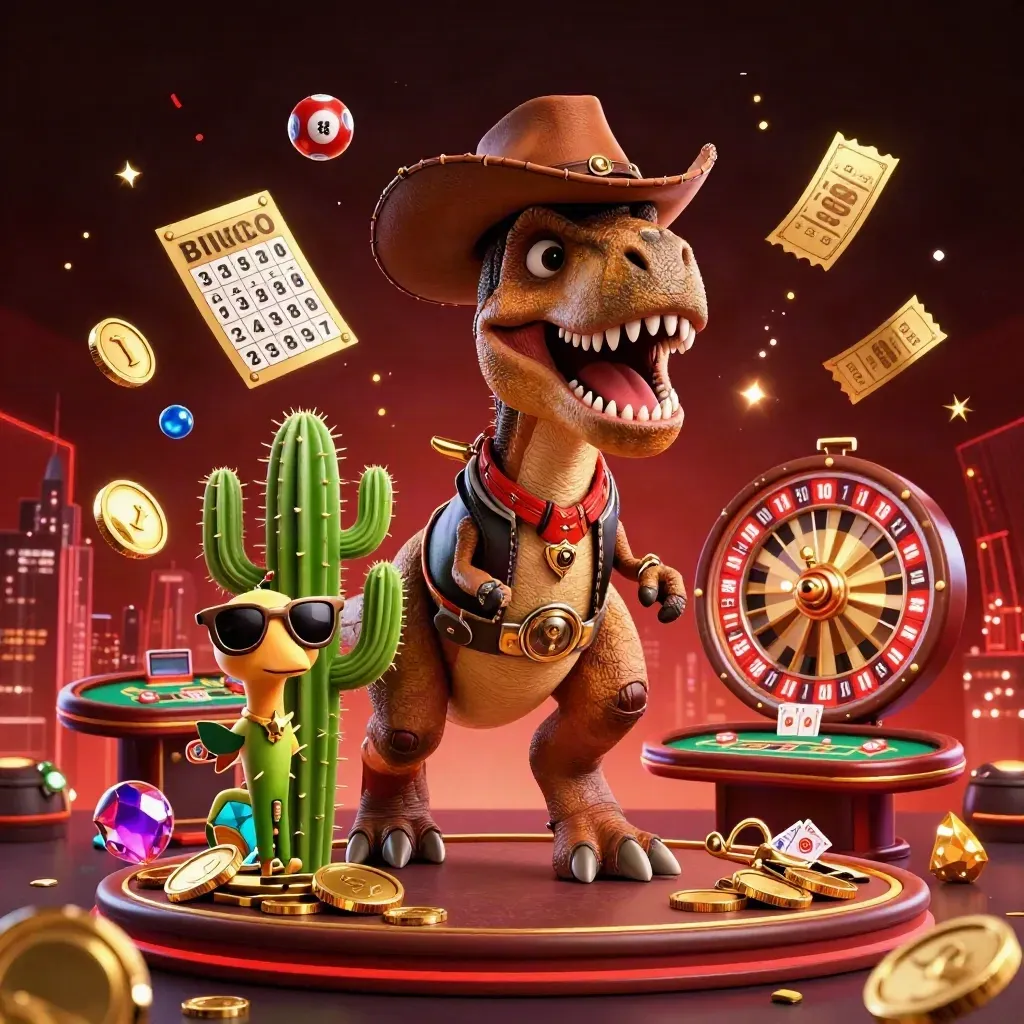 Cowboy T-Rex, cactus, and roadrunner in a neon casino scene with jackpots, confetti, and sparks.